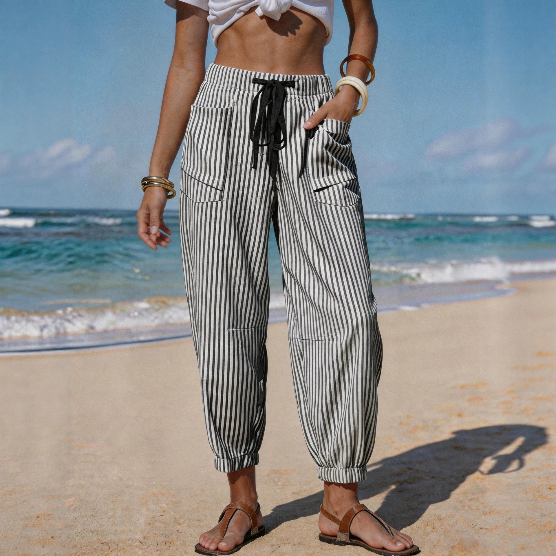 Women's Striped Linen-Like Cropped Pants with Drawstring and Pockets