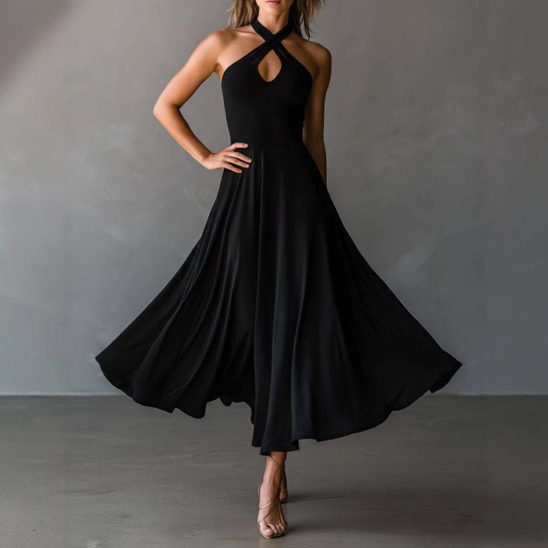Elegant Black Keyhole Backless Halter Neck A-Line Long Dress