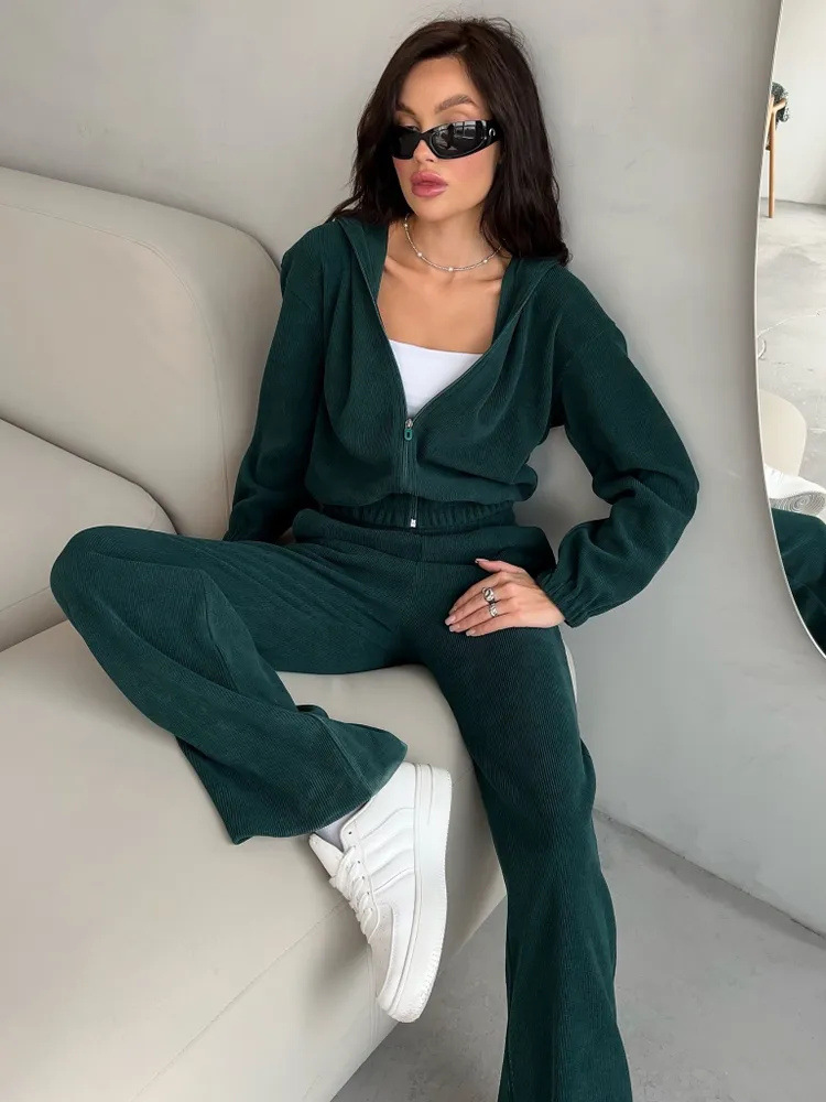 Women's Solid Color Long Sleeve Hooded Cardigan Sweatshirt and Wide-Leg Pants Set