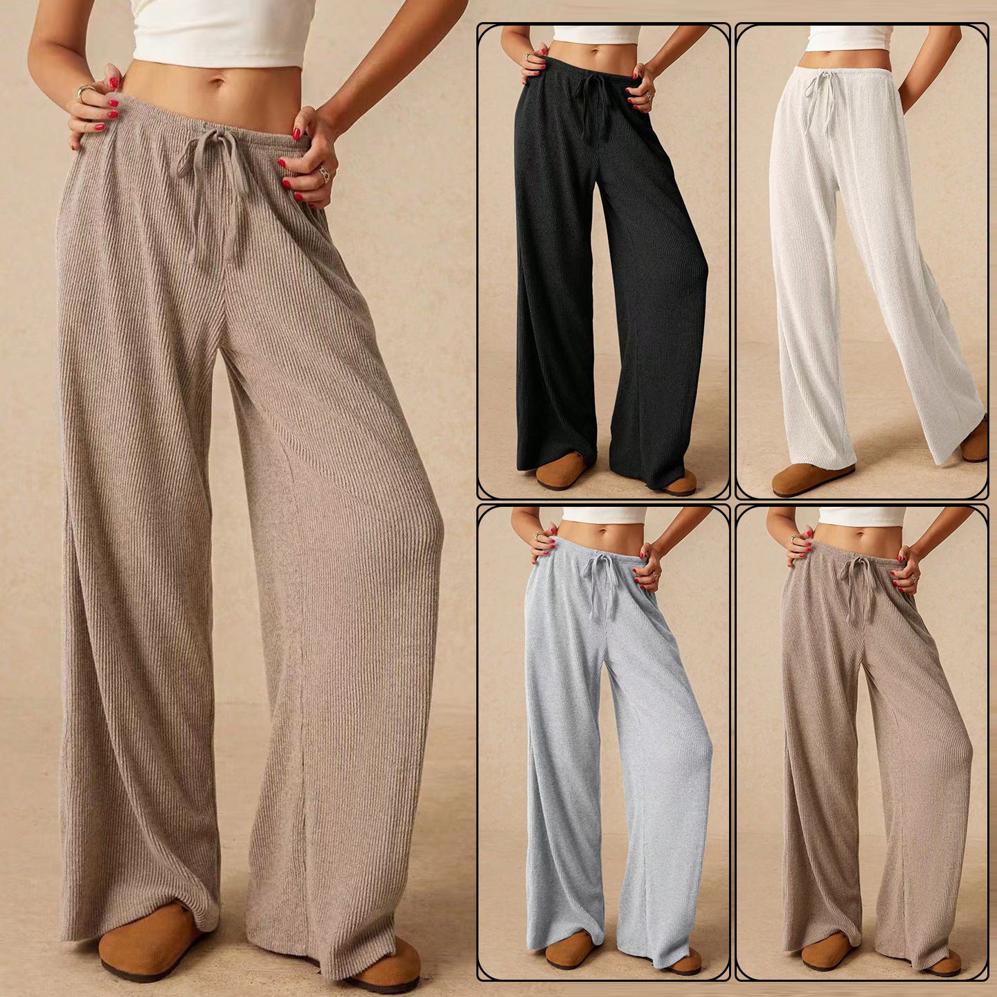 Women's High-Waist Wide-Leg Floor-Length Pants Solid Color Breathable