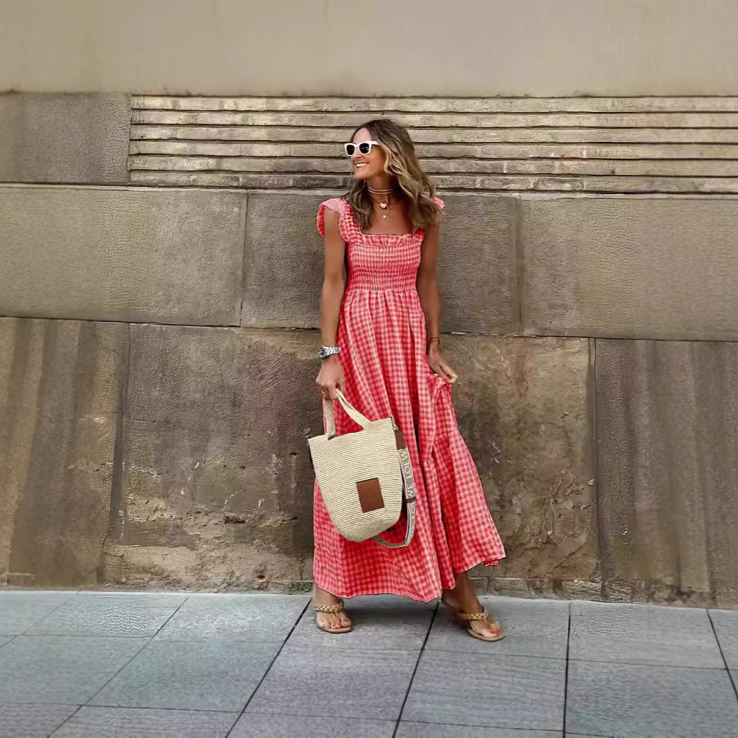 Plaid Patchwork Sleeveless Maxi Dress with Elastic Waist