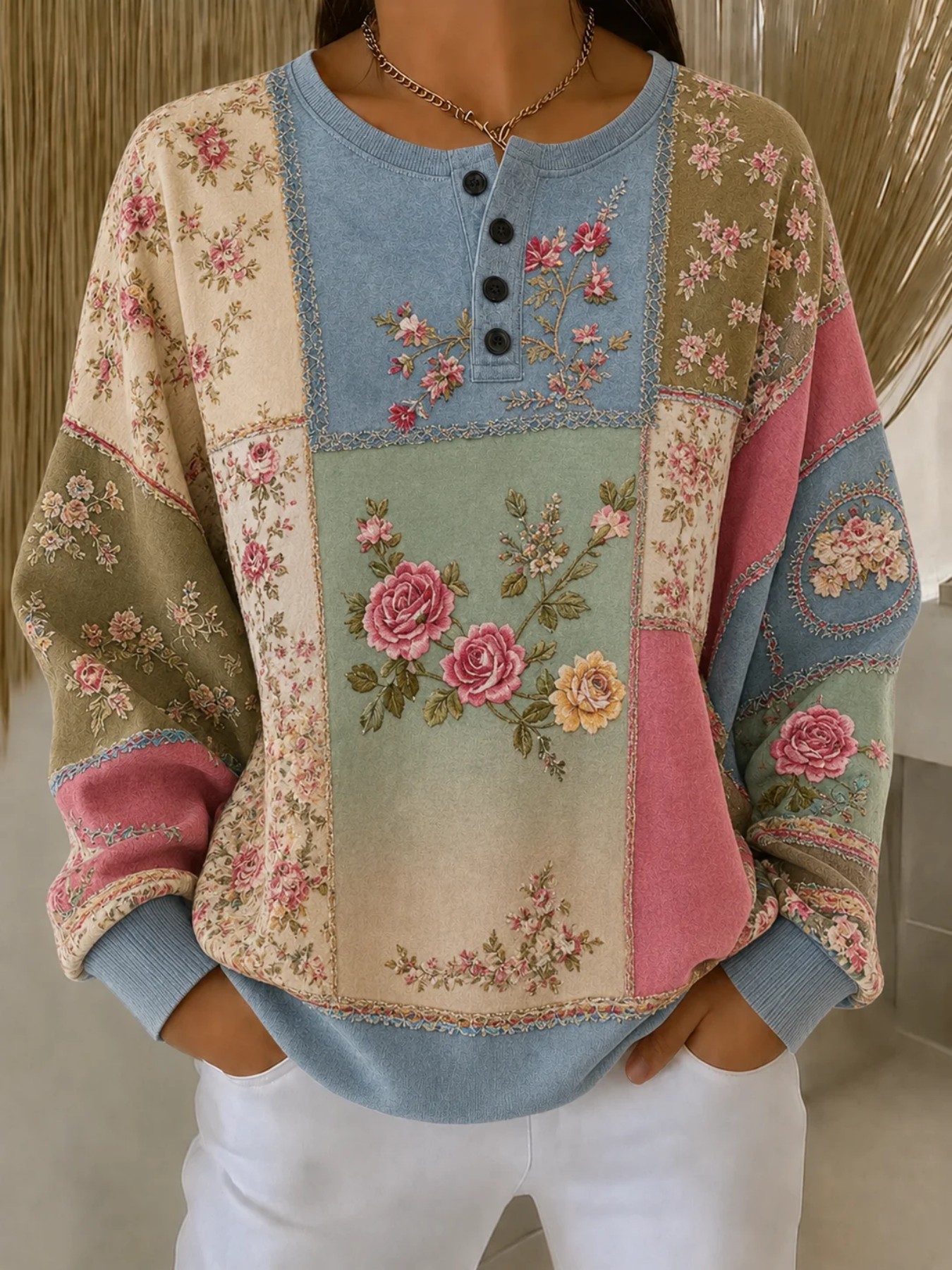 Women's Vintage Floral Print Button Sweatshirt