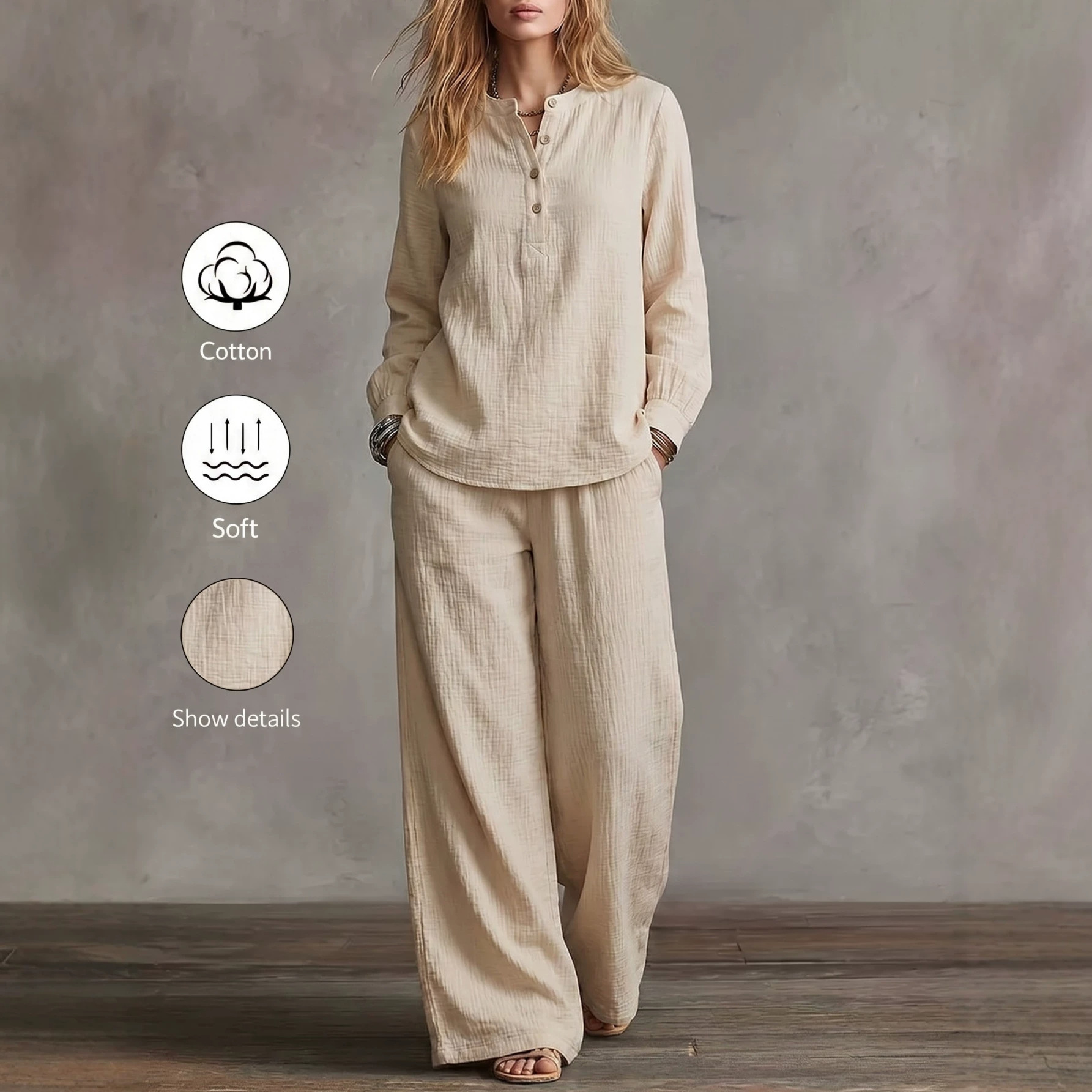 Women's Casual Two-Piece Set: Round Neck Long Sleeve Shirt & High Waist Pleated Straight Pants
