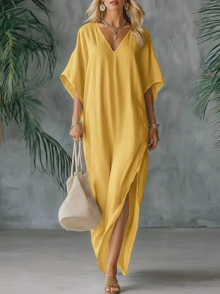 Women's Summer V-Neck Loose Casual Solid Color Dress