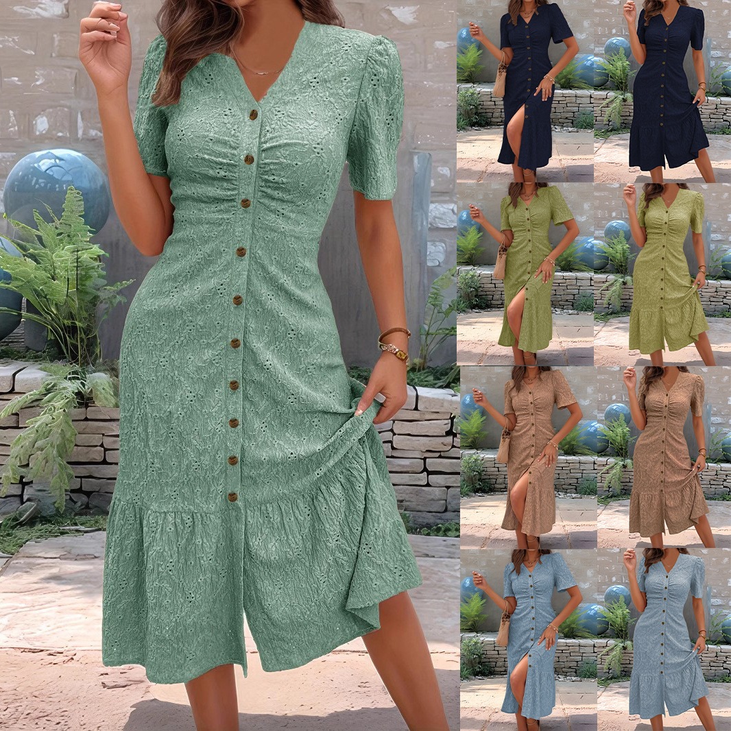 V-Neck Button-Front Mermaid Midi Dress with Pleats and Slit Short Sleeve