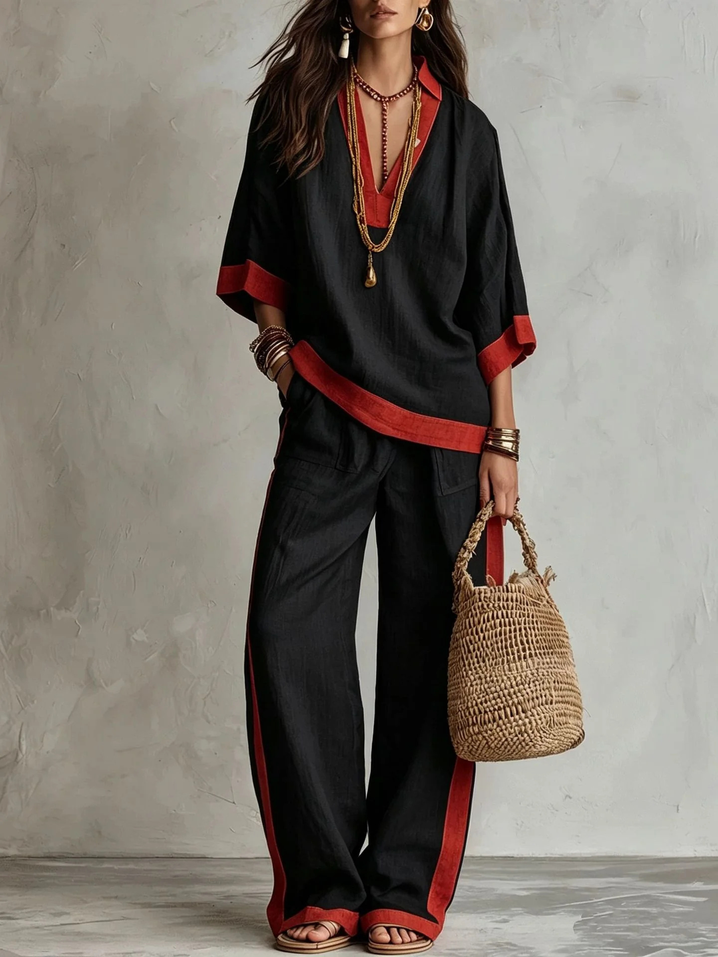 Color-Block Linen-Look V-Neck Top & Wide-Leg Pants Set