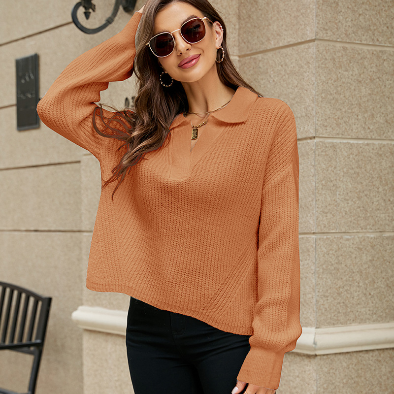 Women's Polo Collar Knit Sweater Casual Loose Pullover
