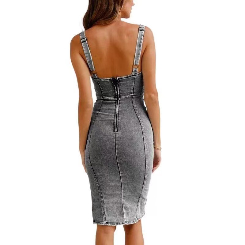 U-Neck Distressed Denim Slip Dress Casual Fit