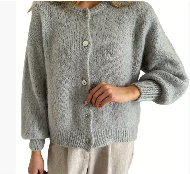 Women's Loose Knit Button-Front Cardigan Sweater Long Sleeve Crew Neck