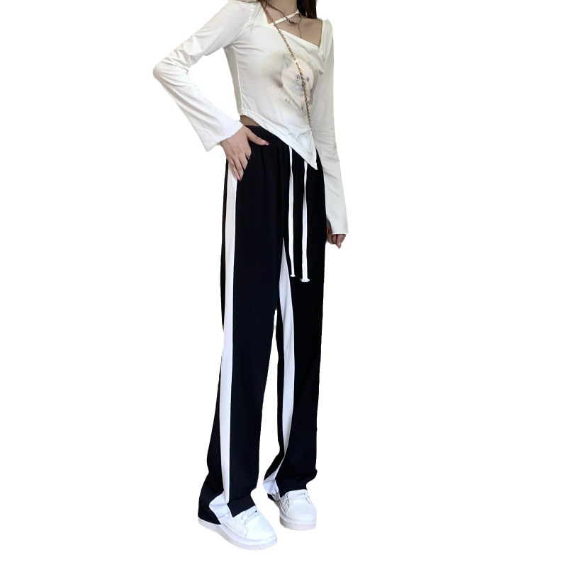 Black and White Colorblock Elastic Waist Wide-Leg Pants Women's Loose Slimming Korean Style