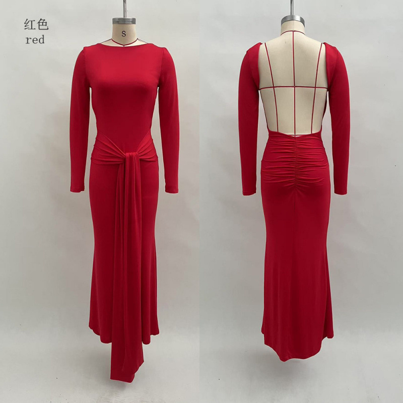 Solid Long Sleeve Open Back Waist-Cinching Midi Dress