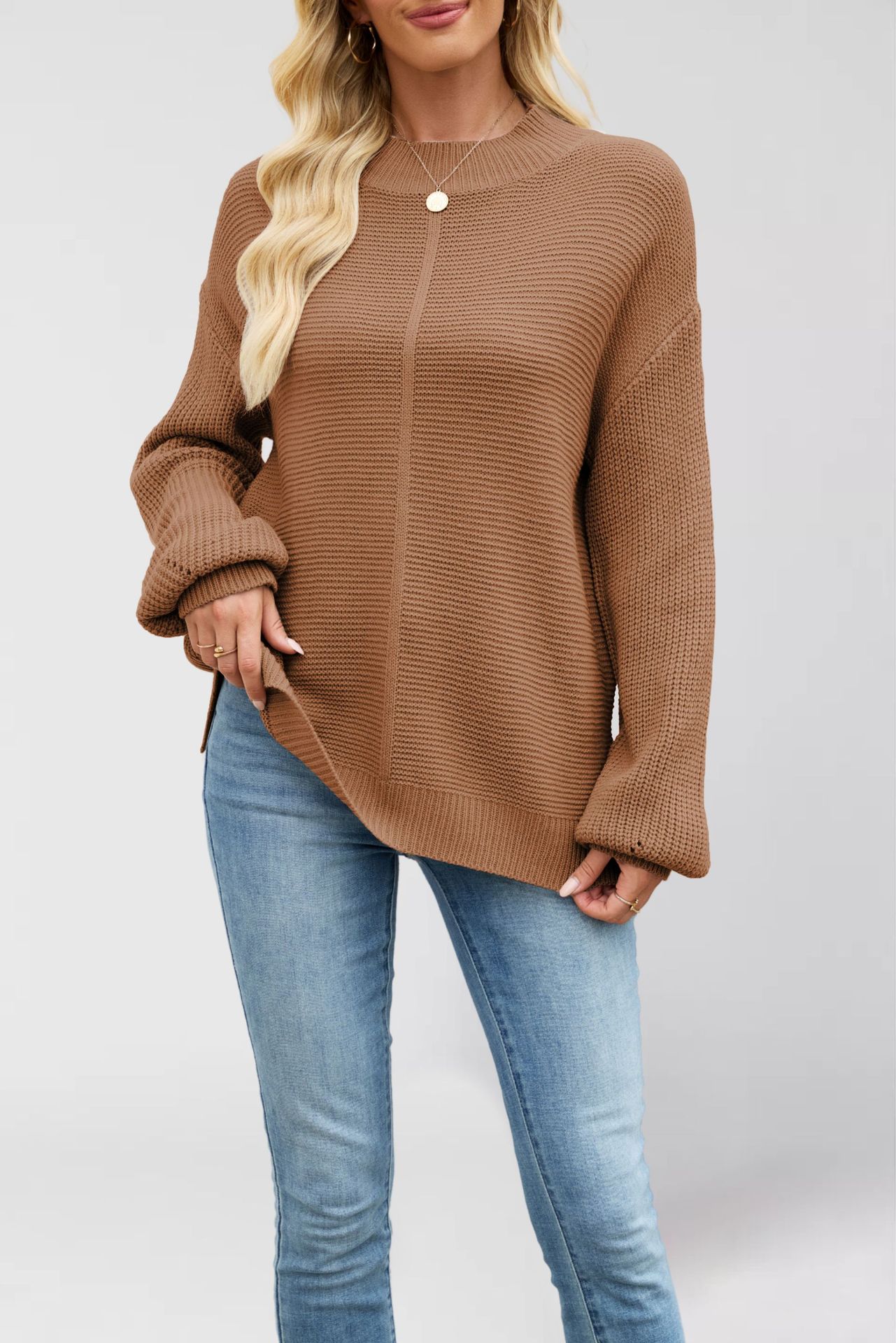 Women's Knit Solid Half Turtleneck Loose Pullover Sweater