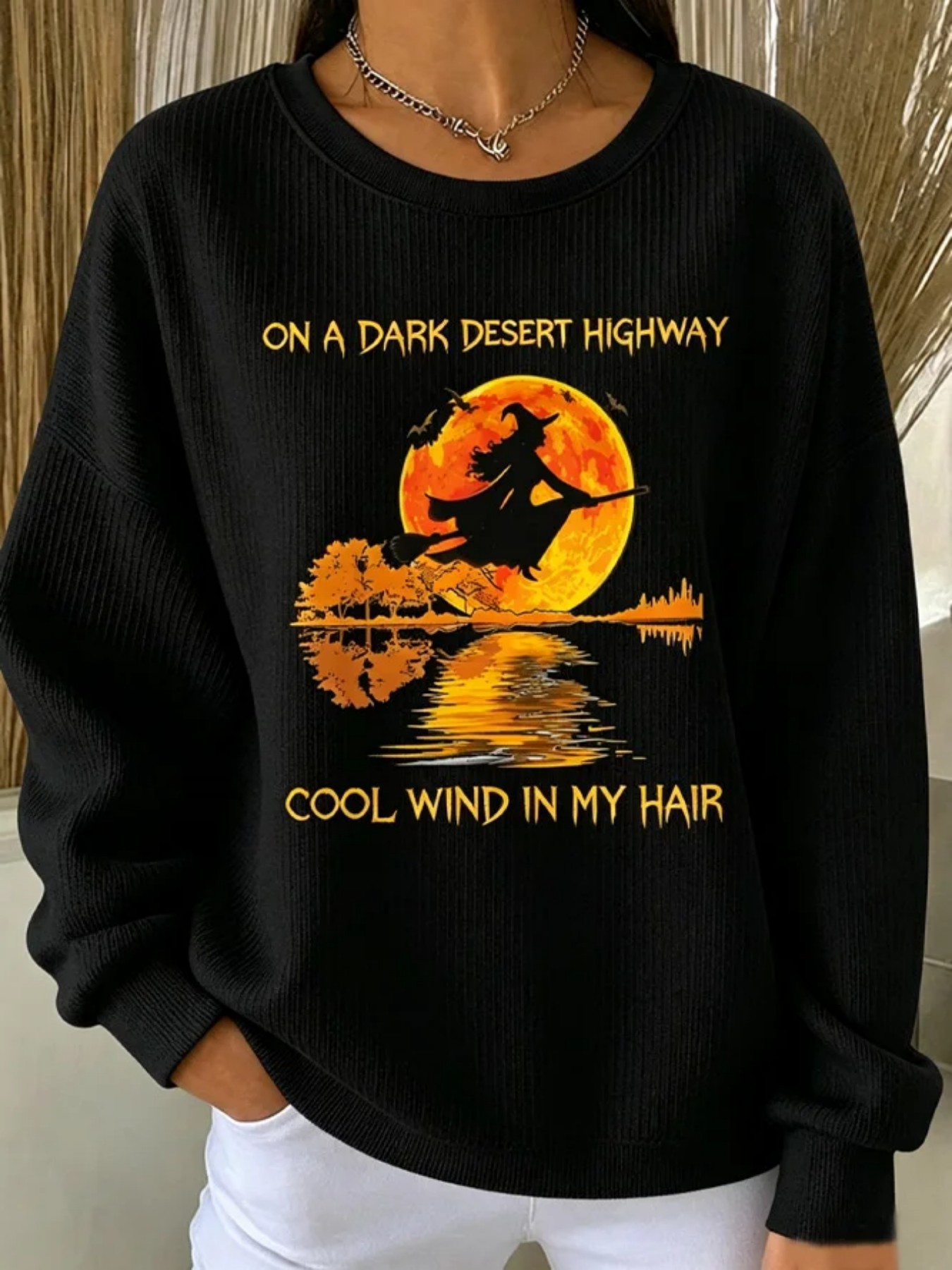 Halloween Witch Broom Print Crewneck Long-Sleeve Pullover Sweatshirt