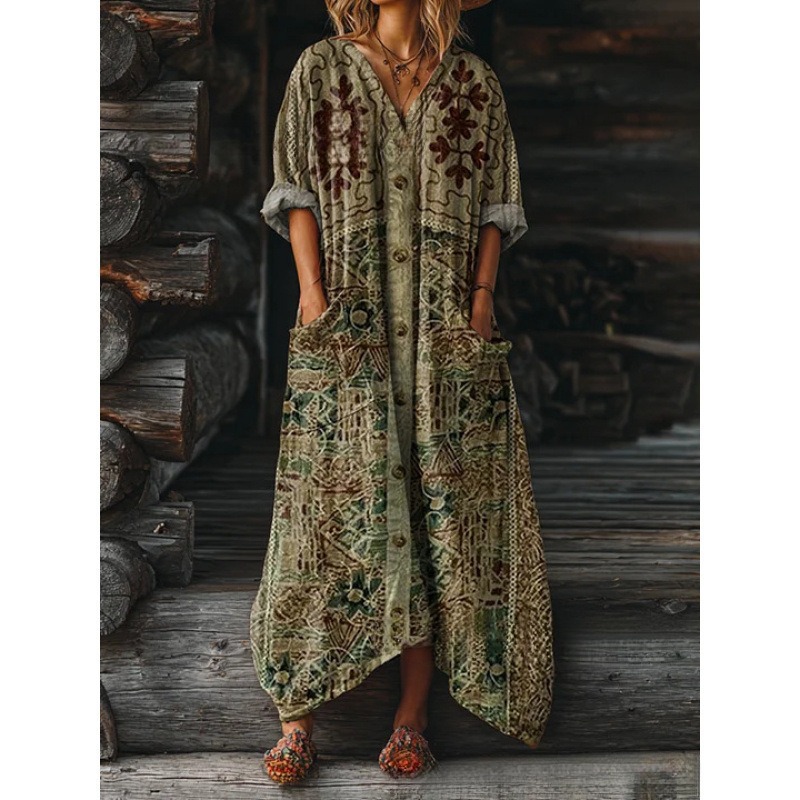 Women's Floral Ripple Print V-Neck A-Line Midi Dress Long Sleeve