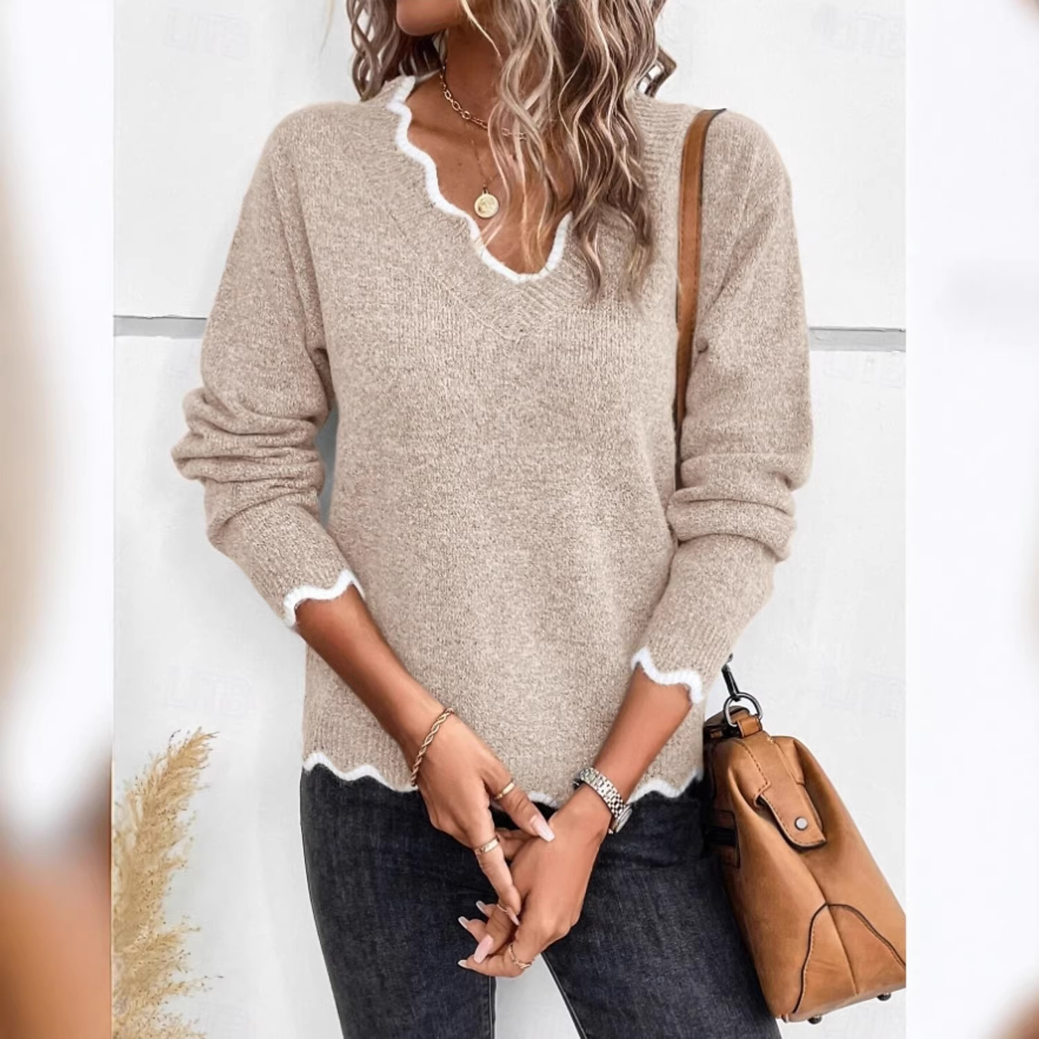 Women's Open-Knit Long-Sleeve Pullover Sweater, Loose Fit, Khaki/Gray