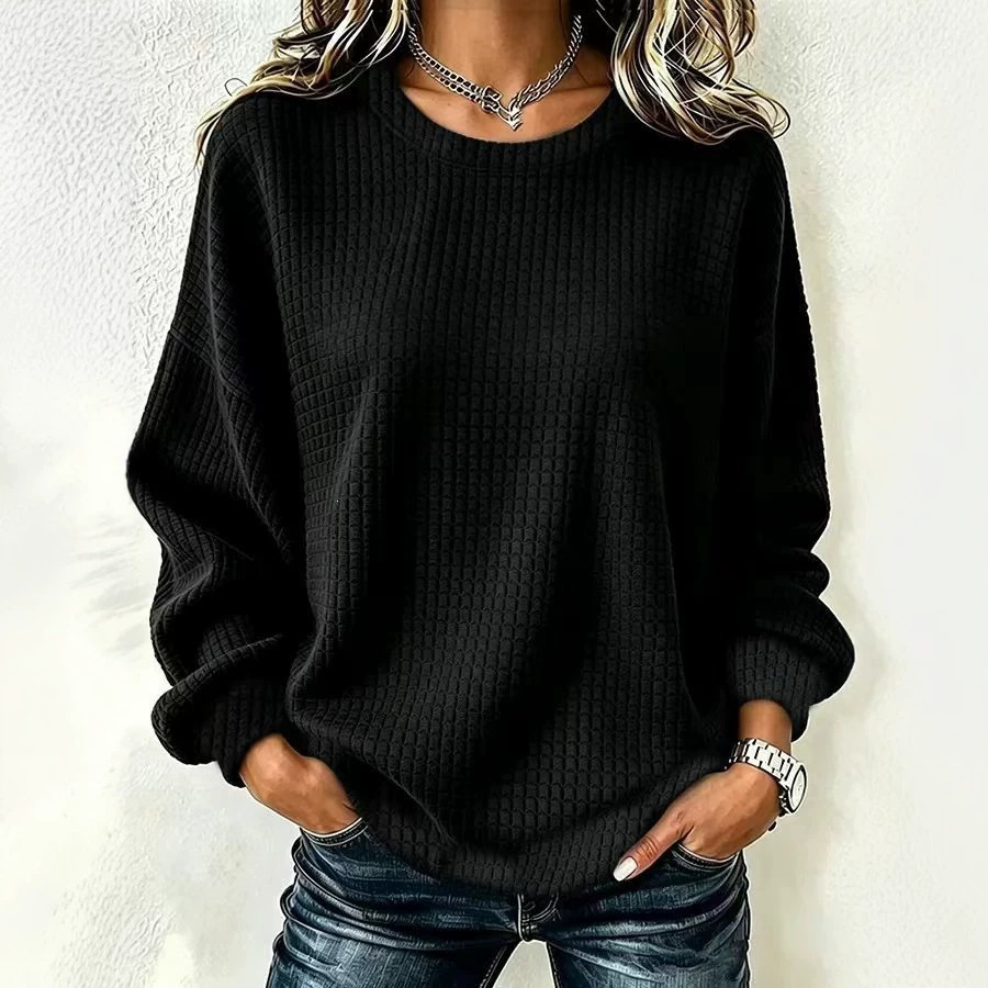 Waffle Knit Long Sleeve Crewneck Pullover Sweatshirt