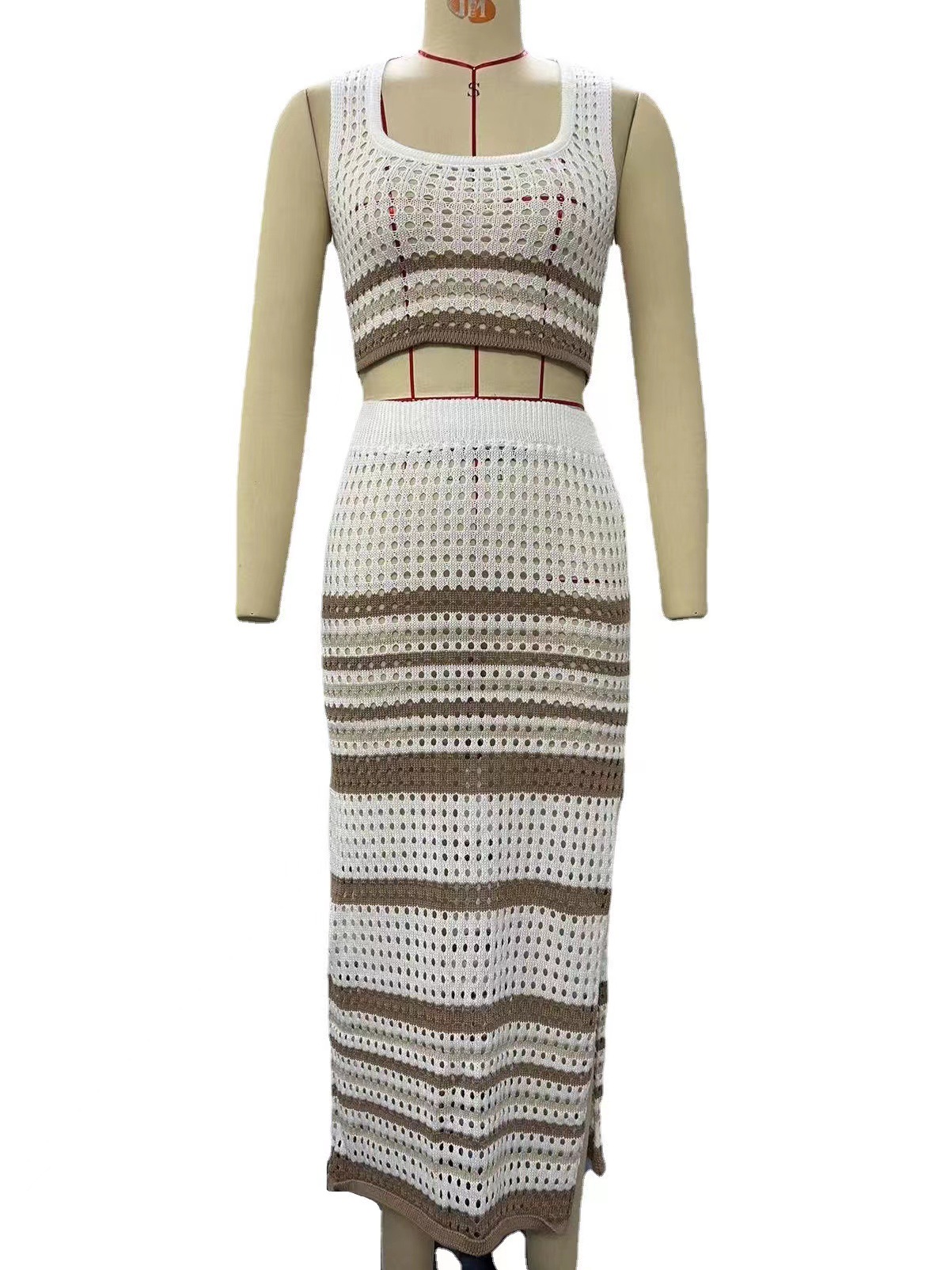 Women's Sleeveless Tank Top and Striped Slit Midi Skirt Knit Set