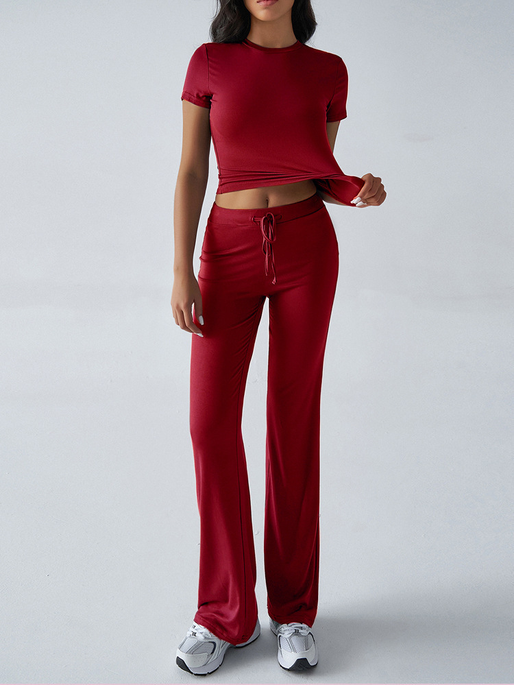 Women's Casual Solid Color Round Neck Short Sleeve Top and Long Pants Set