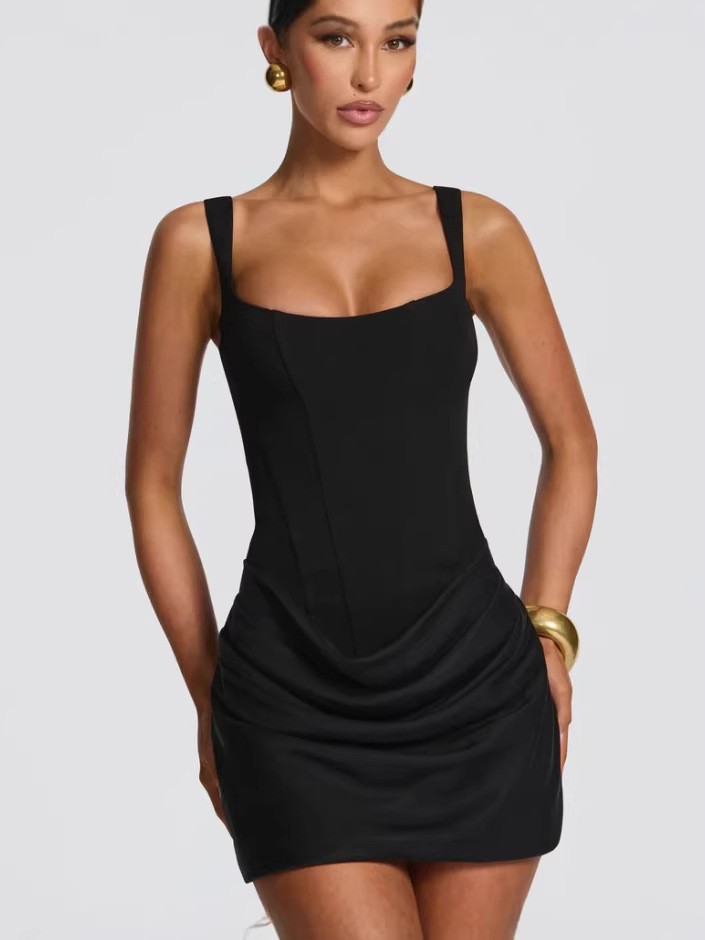 Women's Sleeveless Square Neck Bodycon Mini Dress with Waist Tie