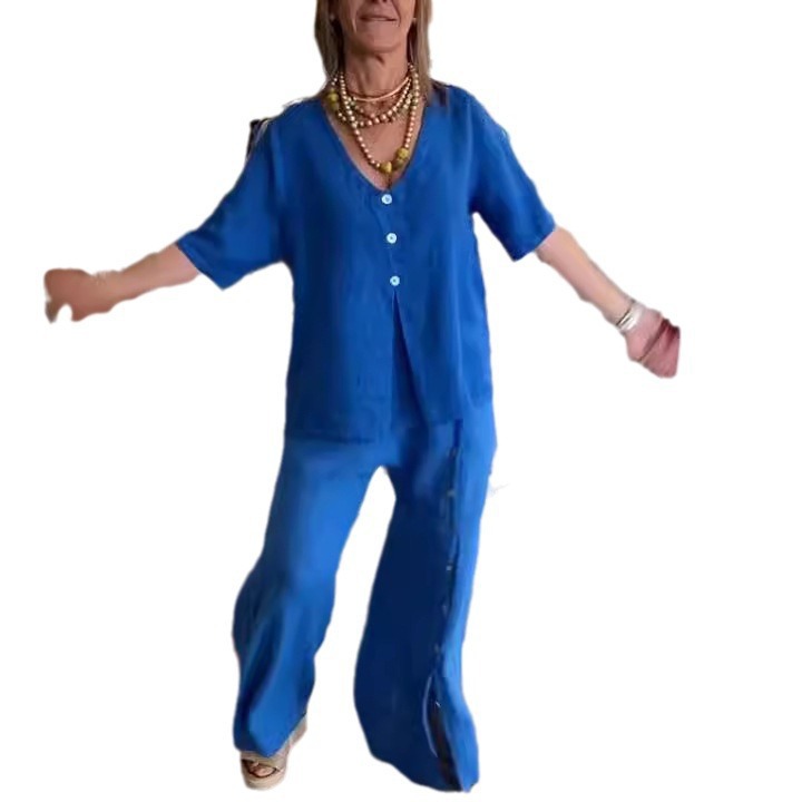 Solid Color Short Sleeve Button Slit Cotton Linen Pant Set