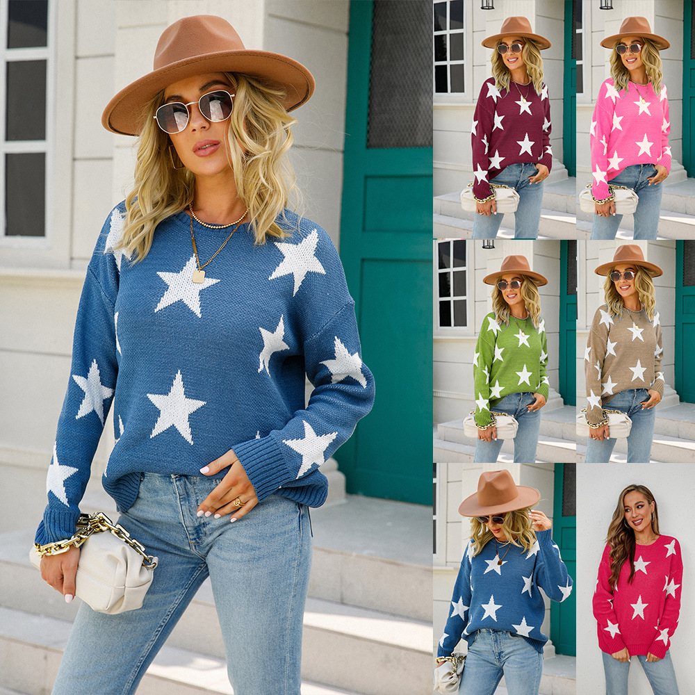 Plus Size Star Print Crewneck Pullover Knit Sweater