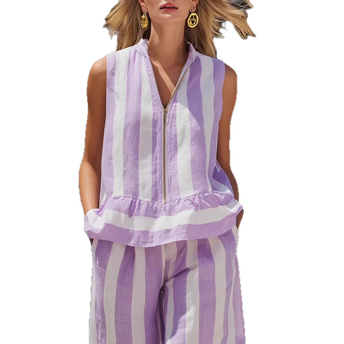 Women's Sleeveless Zip-Up Collared Shirt and Striped Pants Two-Piece Set