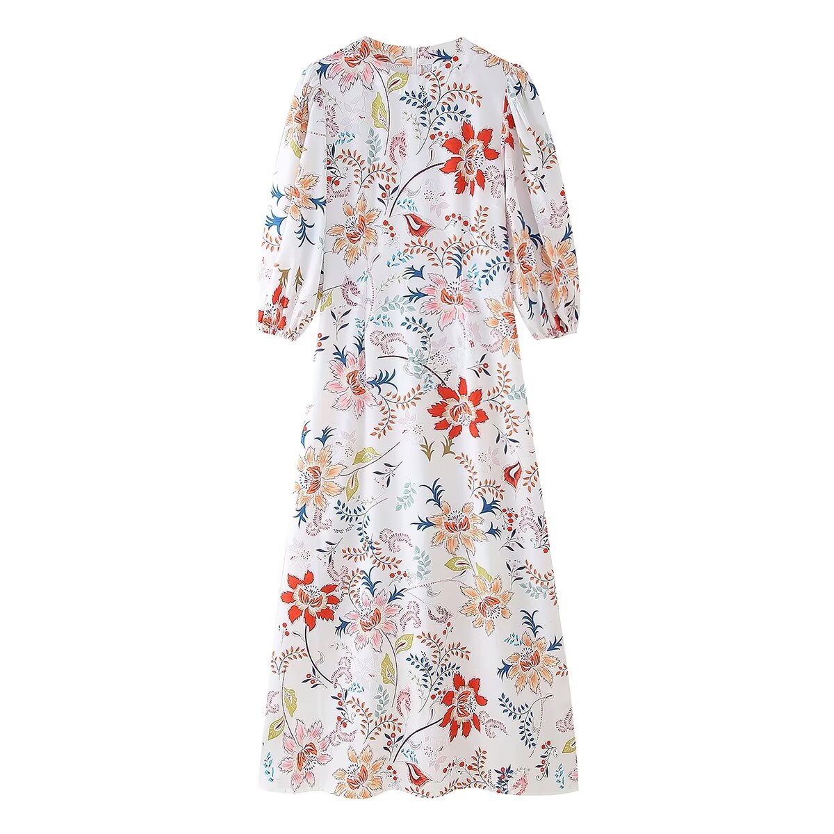 Women's Elegant Printed Long Dress with Short Sleeves and High Waist