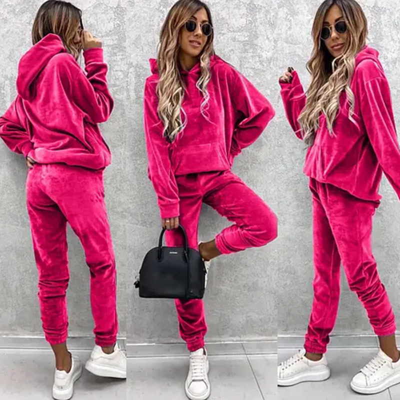 Women's Solid Color Hoodie and Pants Two-Piece Set
