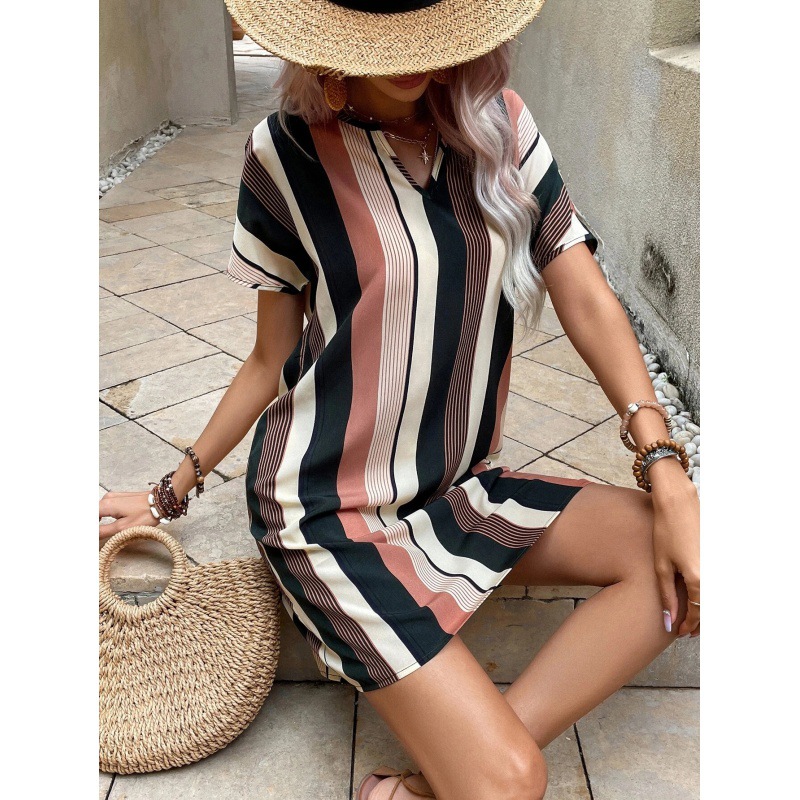 Striped Short Sleeve Half-Open Neck A-Line Midi Dress