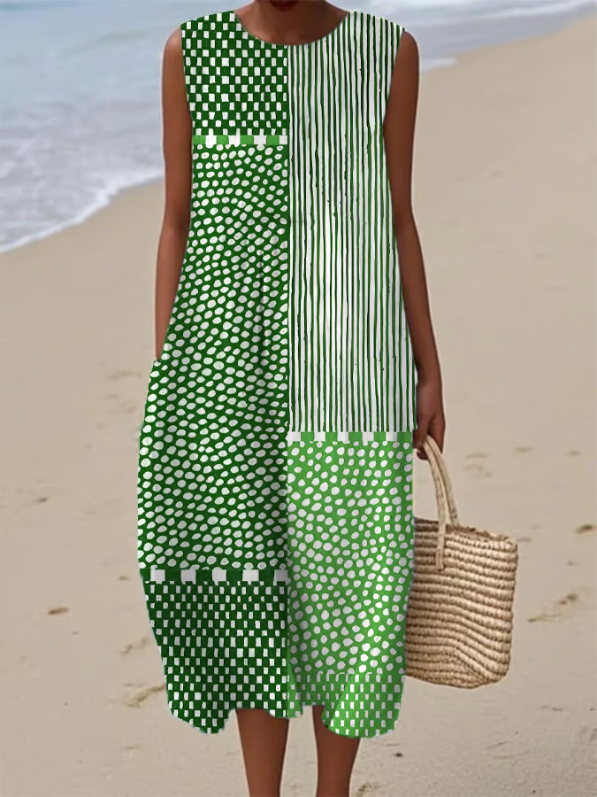 Women's Sleeveless Polka Dot Floral Midi Dress Casual