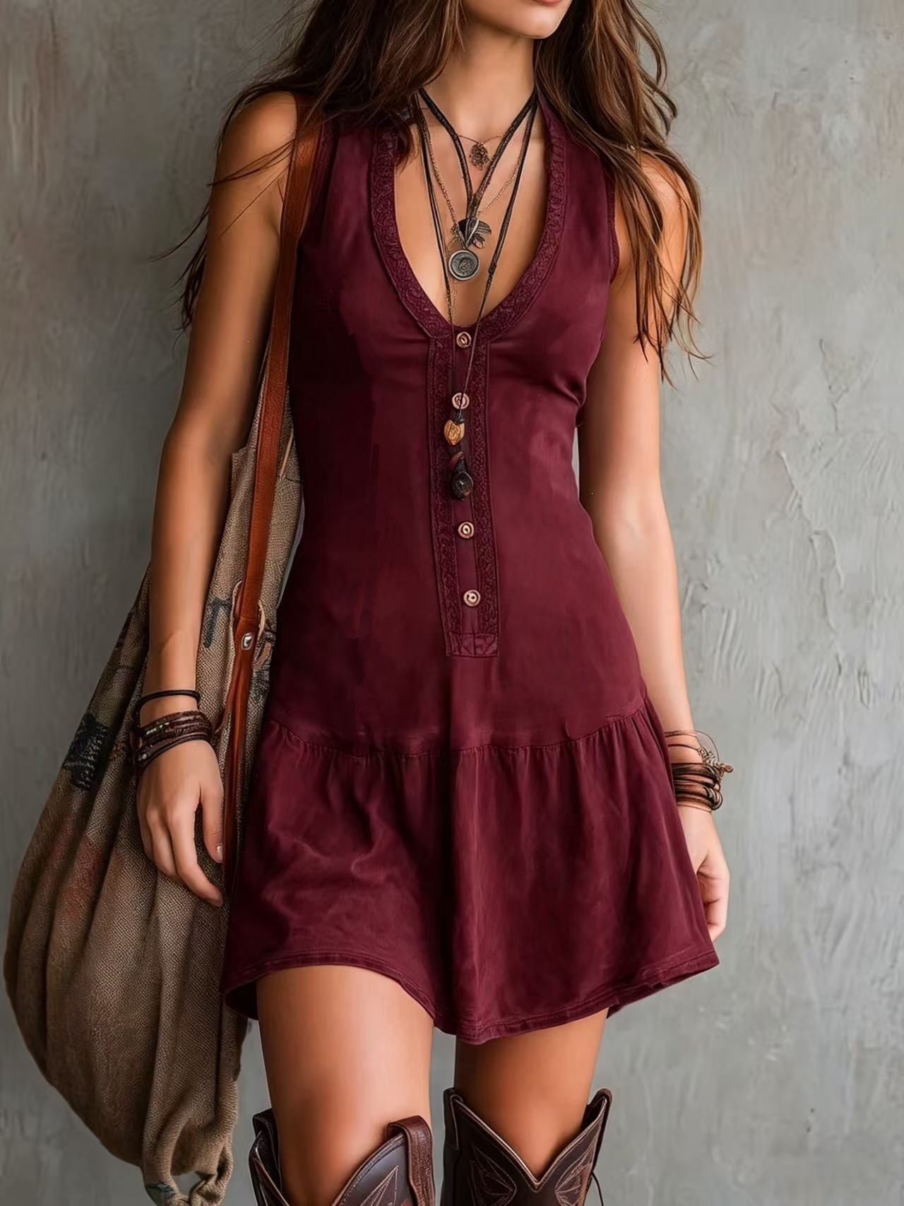 Women's Sleeveless U-Neck Button-Trim Short Dress