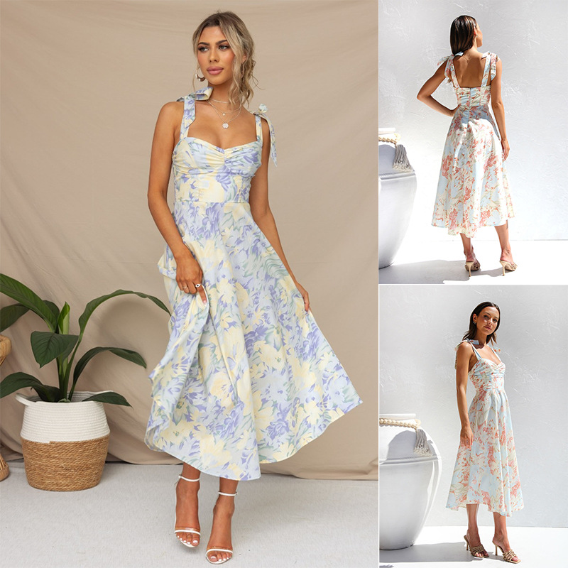 Women's V-Neck Printed Midi Dress with Waist-Cinching Slimming Fit