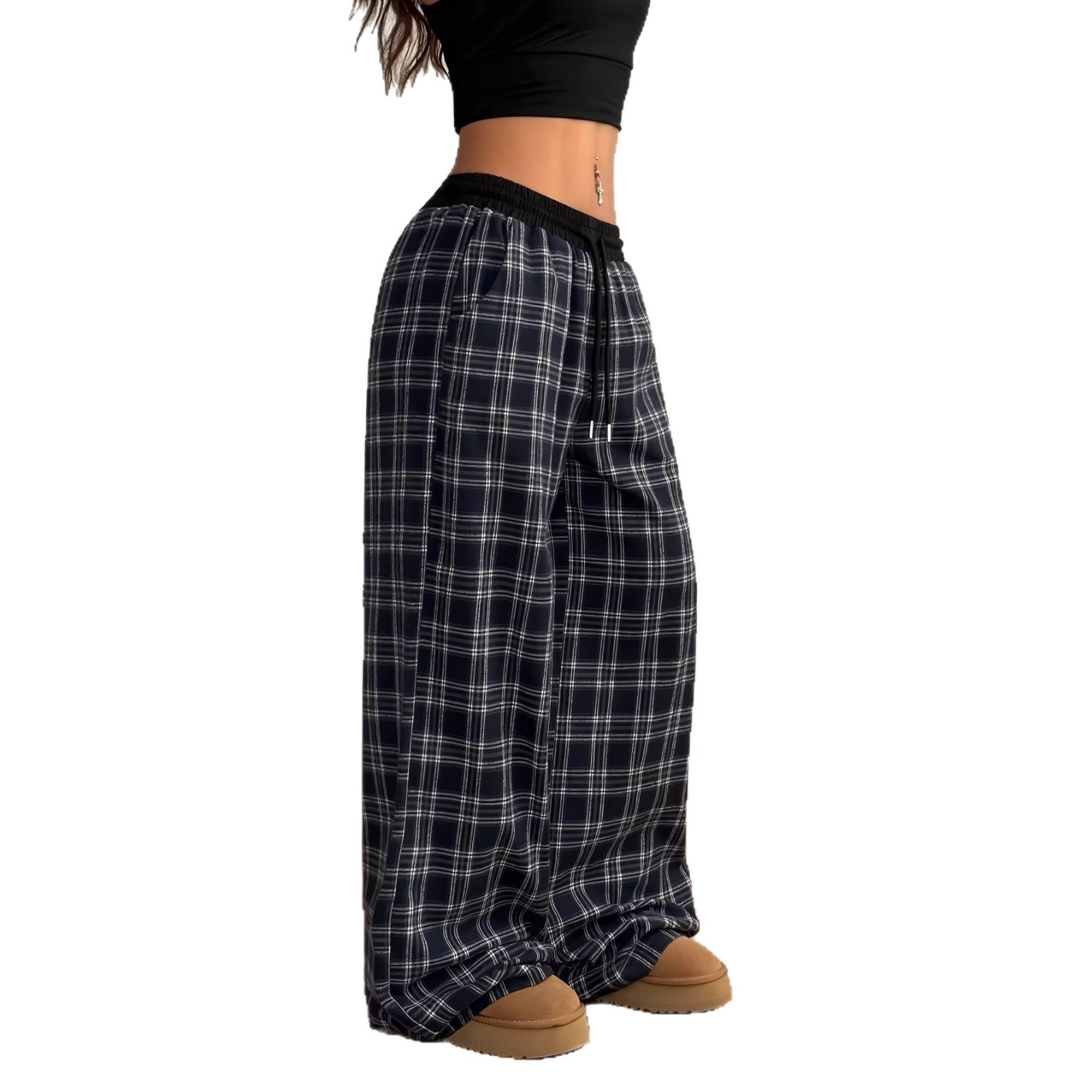 Retro Plaid Drawstring Wide-Leg Pants