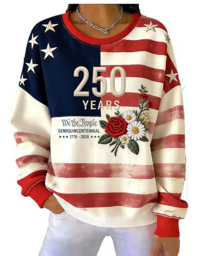 Women's Crewneck Sweatshirt with American Letter Star Flower Print