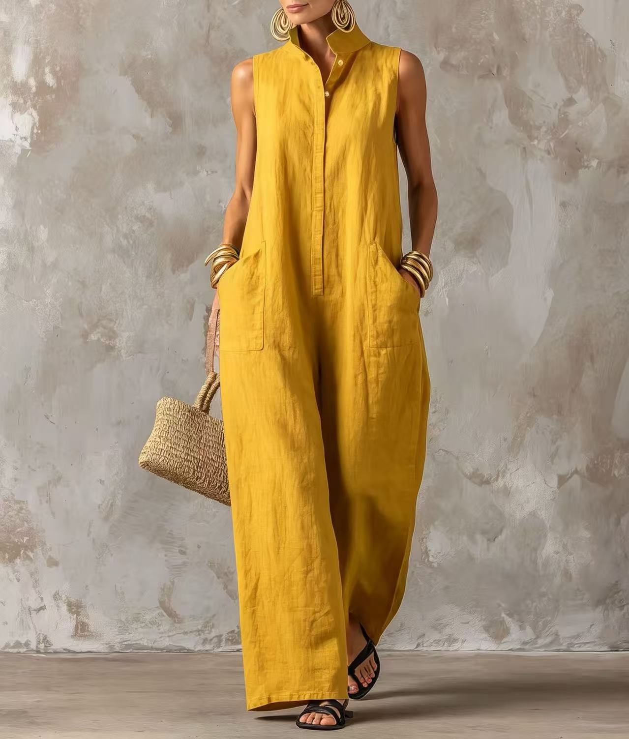 Women's Linen-Blend Sleeveless Button-Front Jumpsuit with Stand Collar