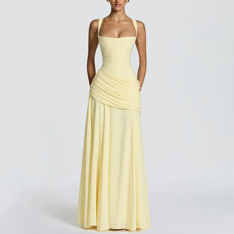 Elegant Solid Pleated Waist-Cinching Midi Dress