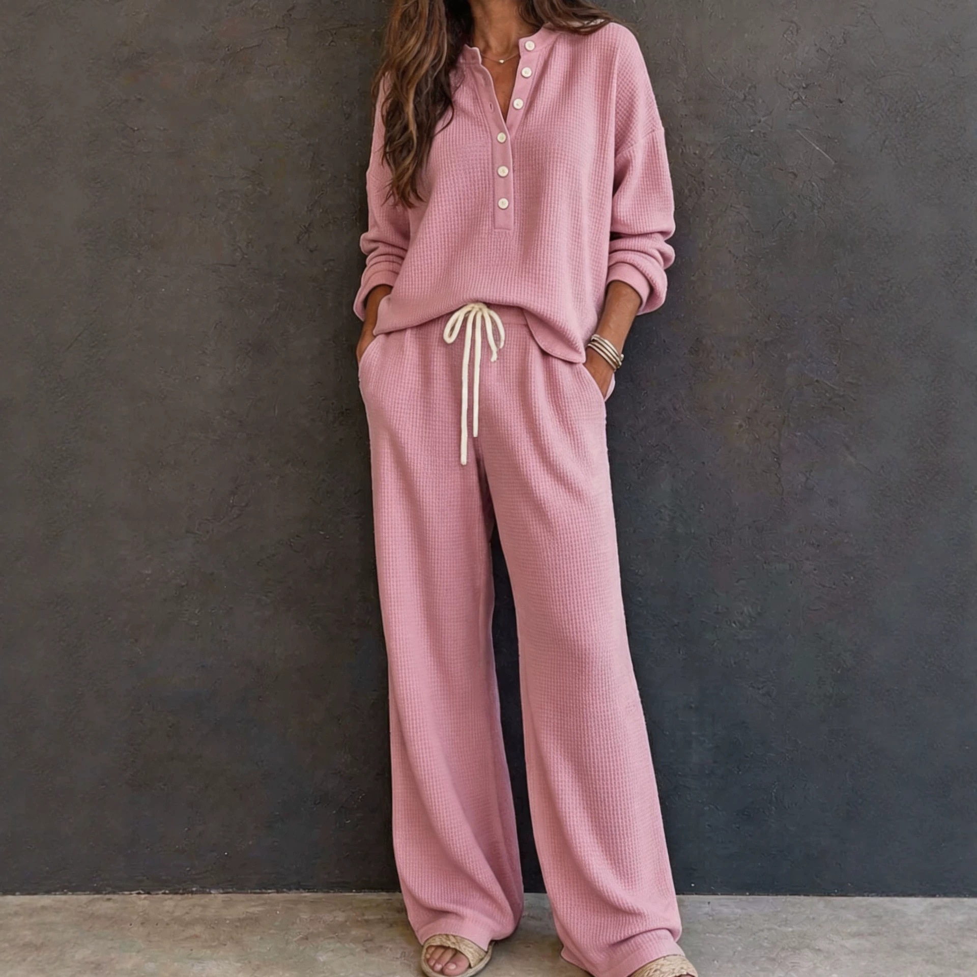 Women's Retro Waffle Knit Long Sleeve Top and Pants Set
