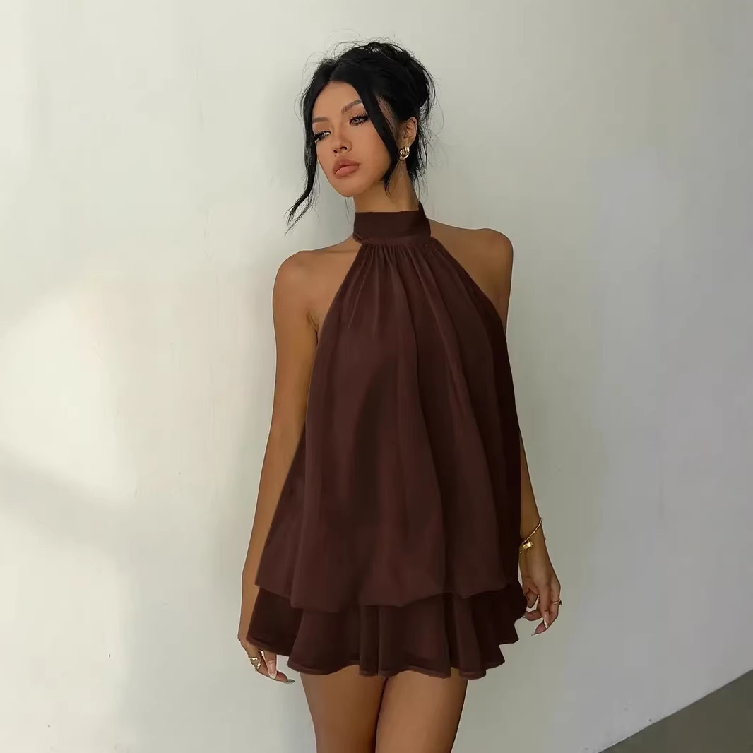 Solid Halter Open-Back Fitted Top Puff Mini Dress