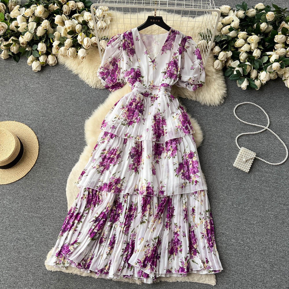French-Style V-Neck Puff-Sleeve Floral Print Pleated Midi Dress