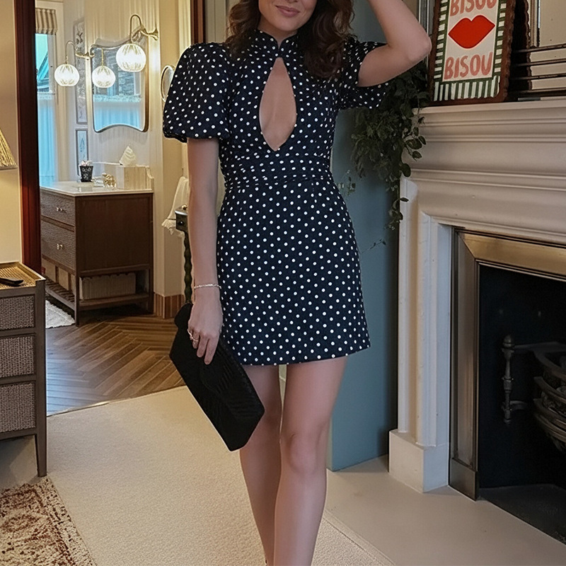 Polka Dot Cutout Puff Sleeve Dress