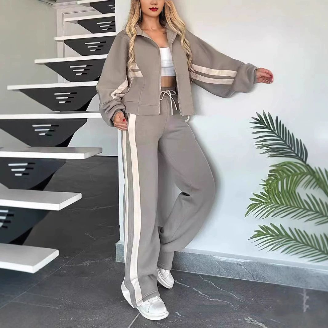 Women's Colorblock Two-Piece Lounge Set Zip Cardigan & Wide-Leg Pants