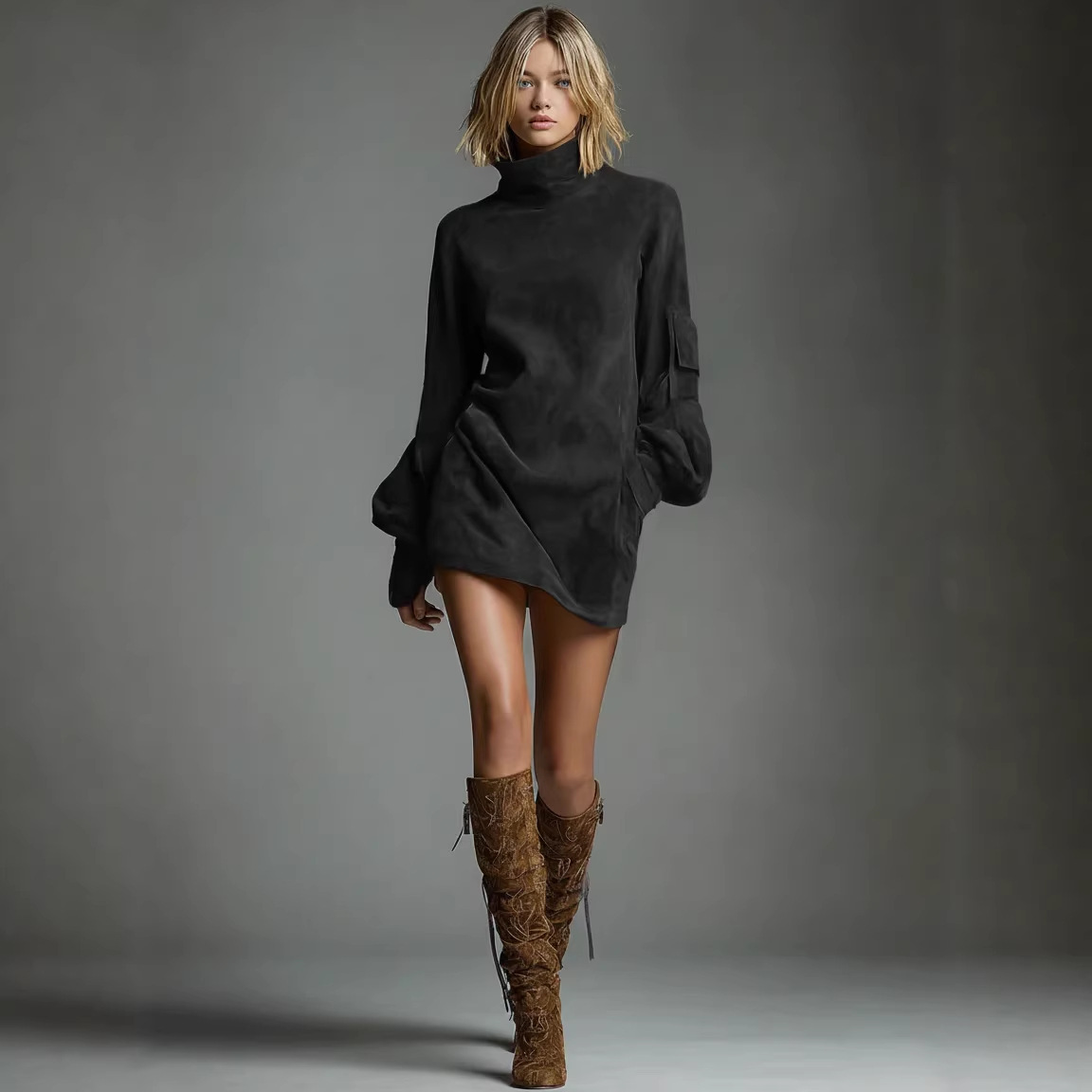 Faux Suede High Neck Long Sleeve Mini Dress