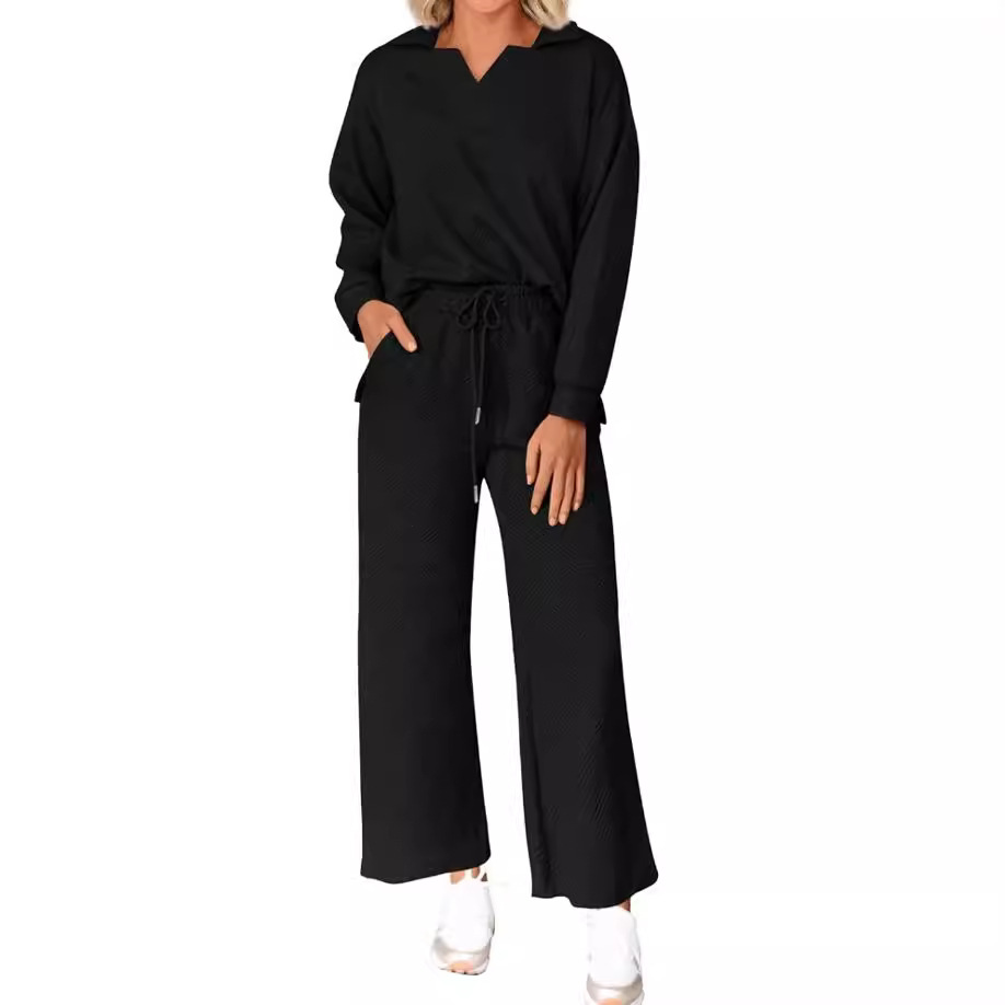Solid Textured Long-Sleeve Hoodie and Pants Two-Piece Set