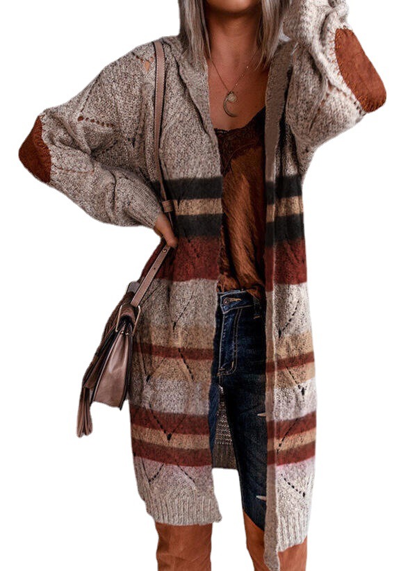 Long-Sleeve Hooded Open-Front Cardigan Sweater, Color-Block Hollow-Out Knit