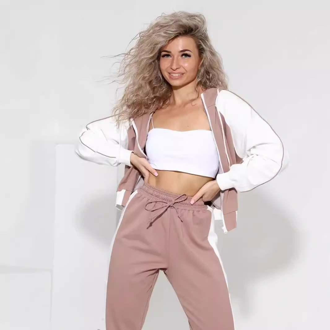 Women's Color-Block Zip Hoodie and Drawstring Pants Two-Piece Set