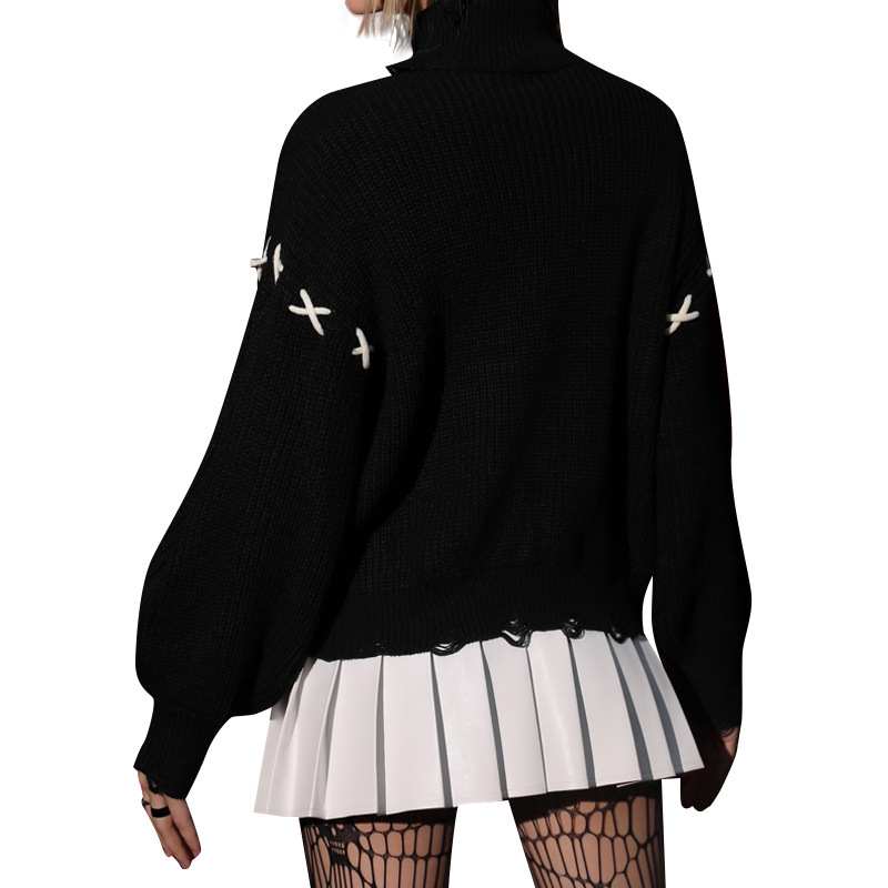 Dark Gothic Lace-Up Pullover Sweater Long Sleeve Knit Top