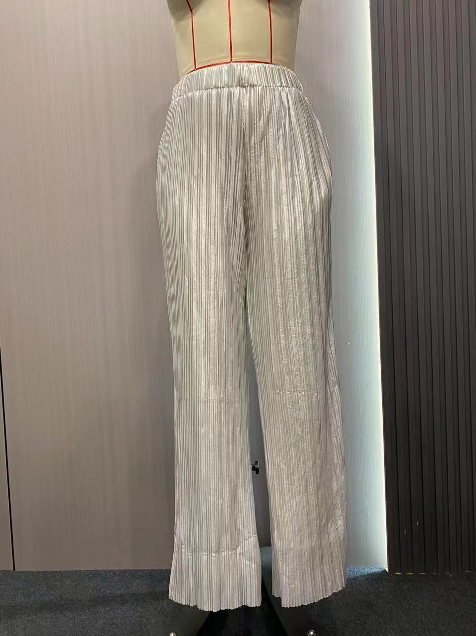 Shiny Pleated High-Waist Wide-Leg Party Pants