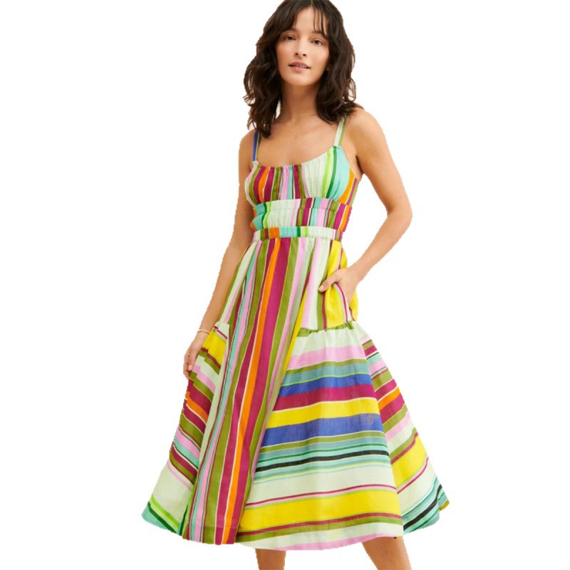 Colorful Striped Cami Dress Boho Back Cutout Fringe Tie Pocket Maxi