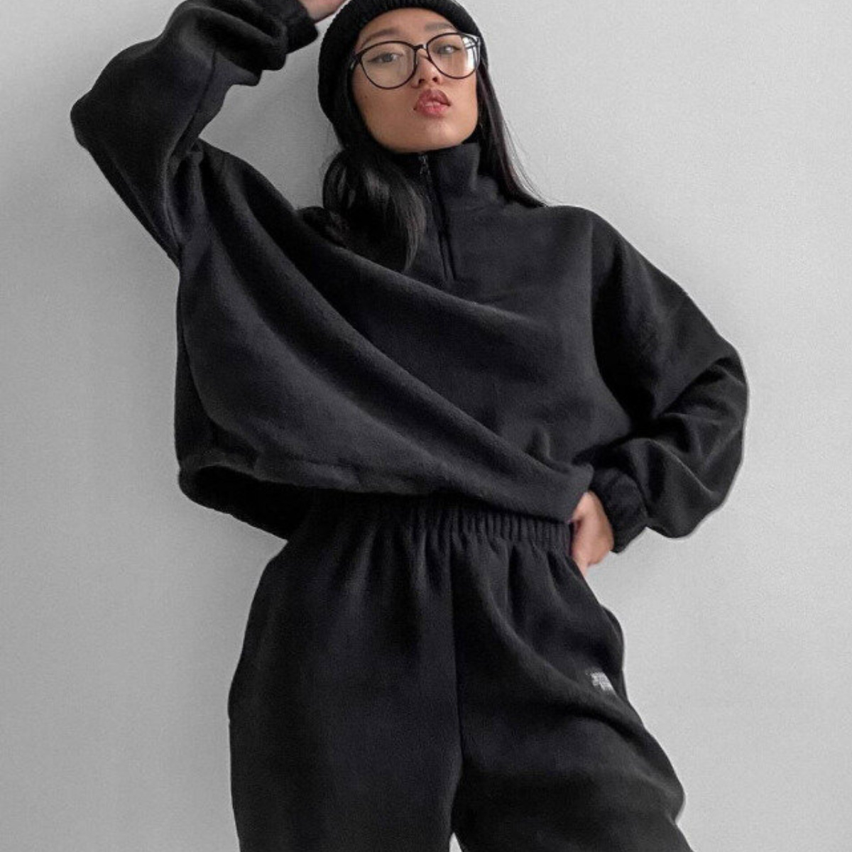 Women's Casual Loose Zip-Up Stand Collar Sweatshirt Two-Piece Set