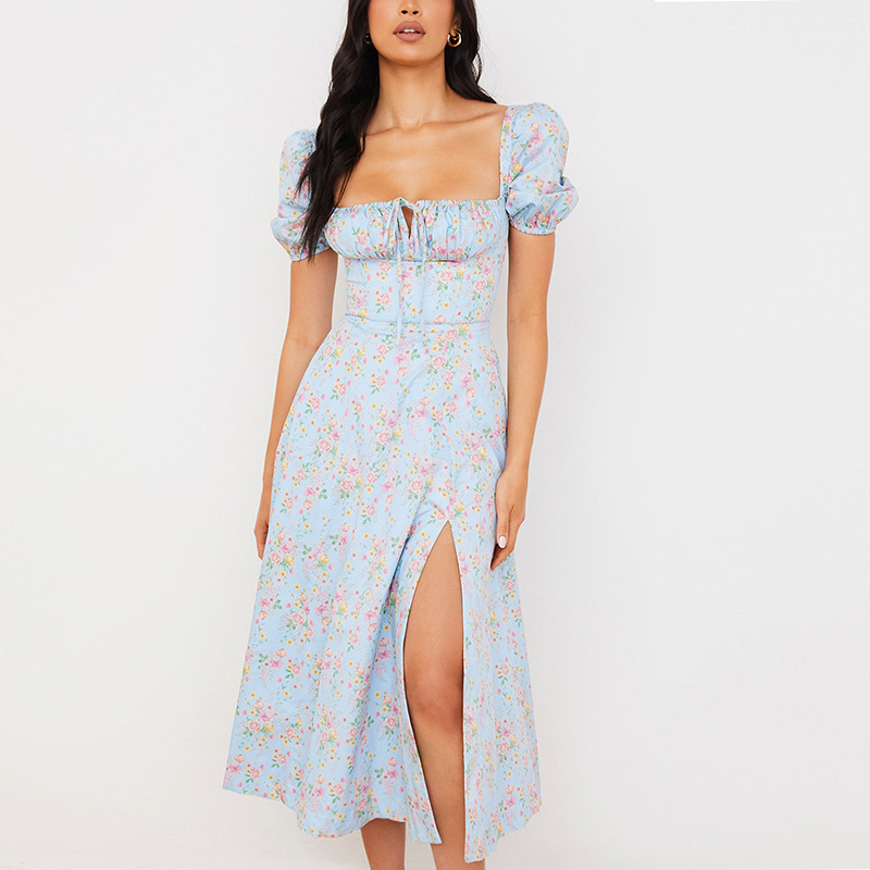 Women's Long French Floral Dress with Square Neck and Short Sleeves